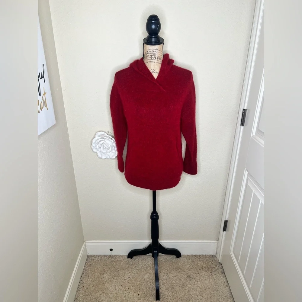 Vince Italy Wool Alpaca Blend Fuzzy Hooded Sweater Cherry Red Oversized XS